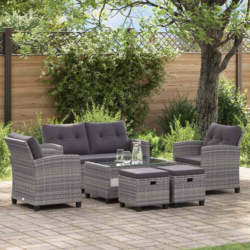6-tlg. Garten-Sofagarnitur mit Auflagen Poly Rattan Dunkelgrau